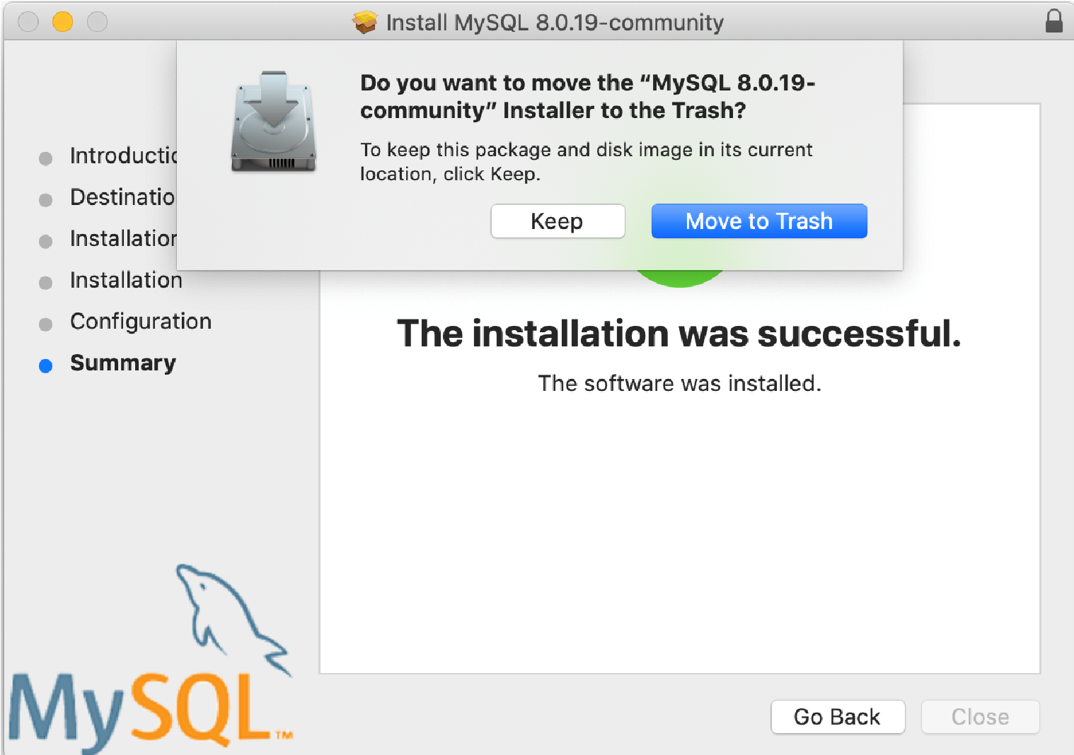 Screen capture MySQL installation complete