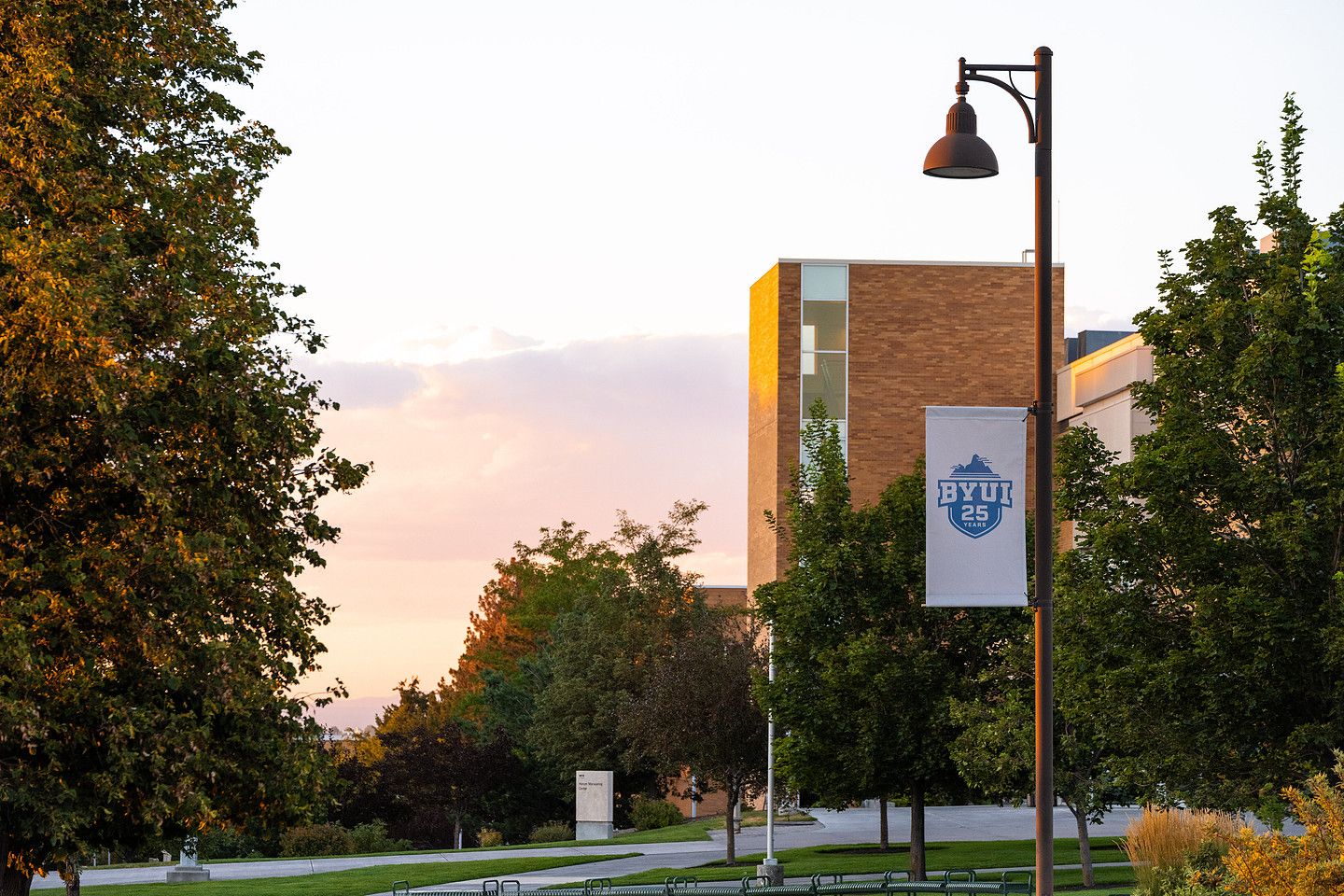 A BYU-Idaho campus building at sunset