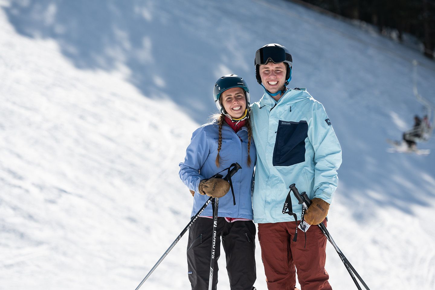 Two friends skiing at Kelly Canyon