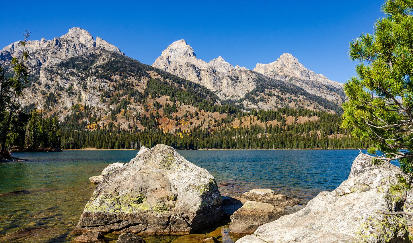 The Grand Teton peaks above Taggart Lake