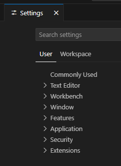 Visual Studio Code Settings Panel