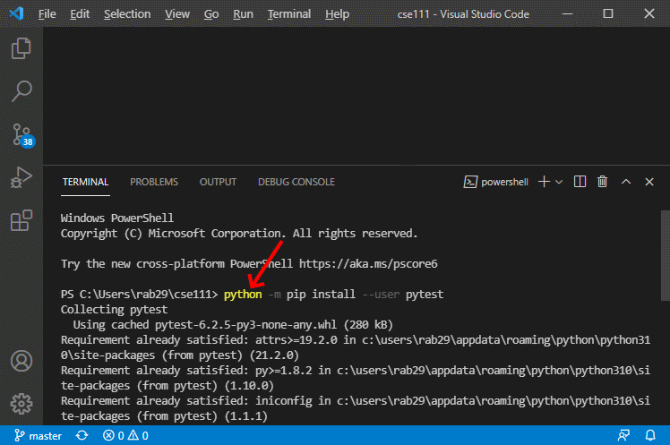 A screen shot of VS Code showing the command to install pytest