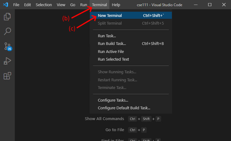 A screenshot of VS Code showing how to open a terminal frame