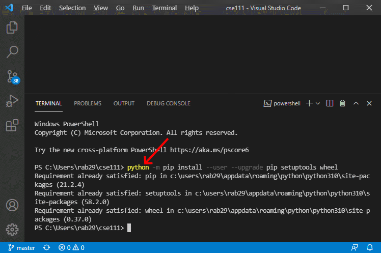 A screenshot of VS Code showing the command to upgrade pip