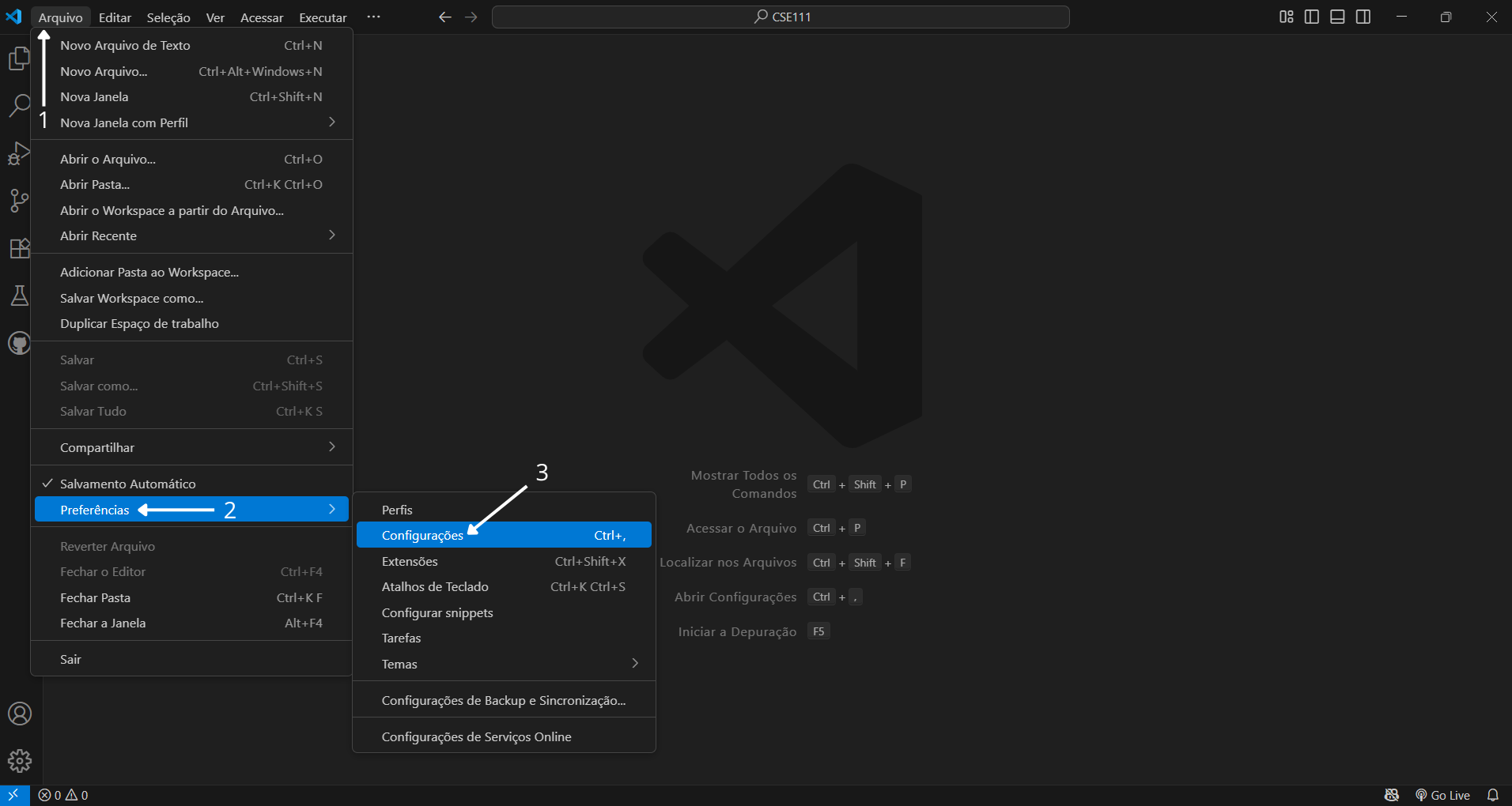 Como abrir as Configurações no VS Code