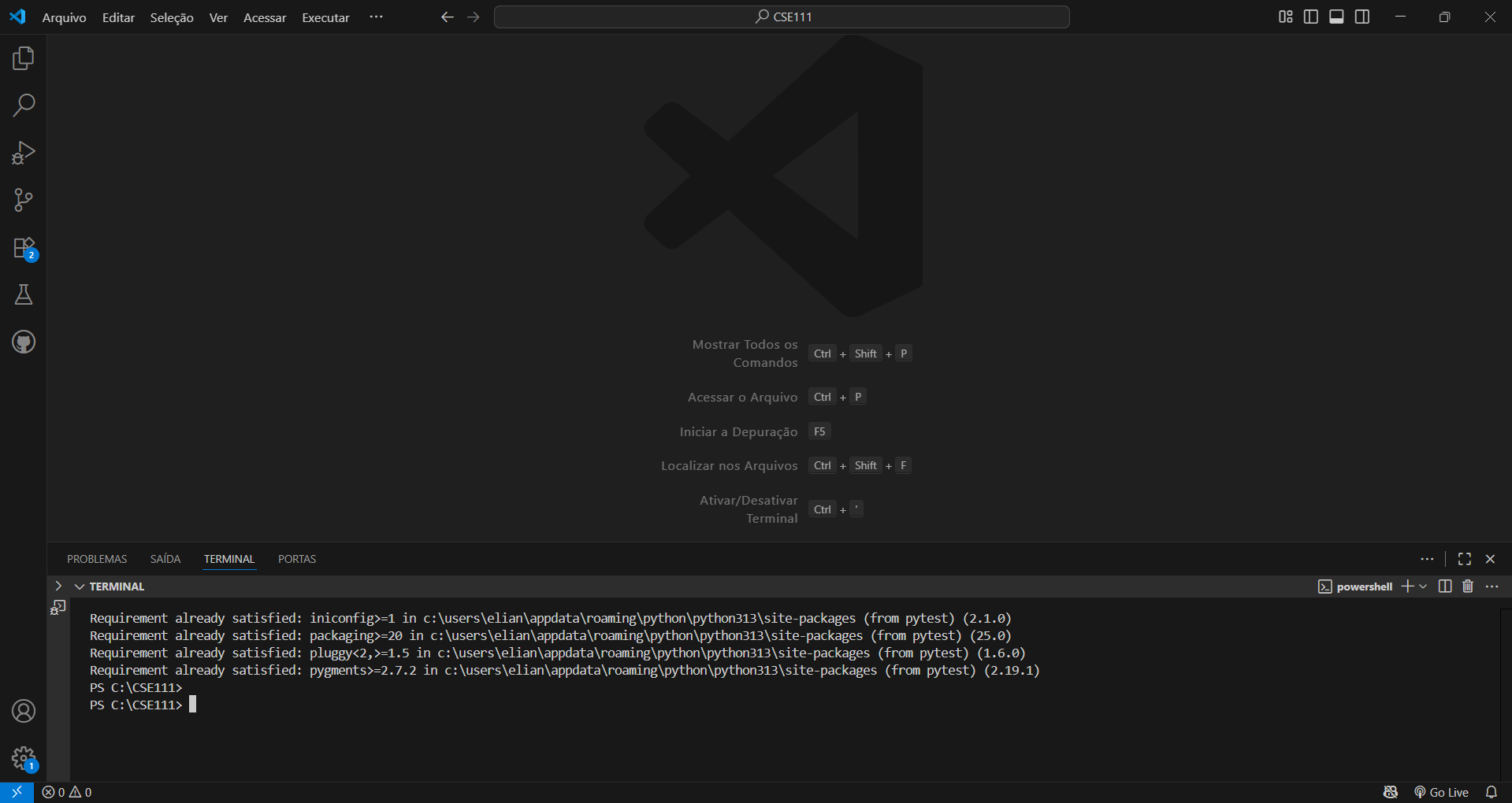 Uma captura de tela do VS Code mostrando o comando para instalar o pytest