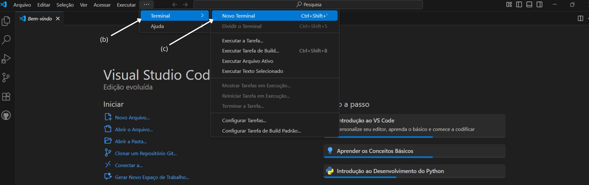 Uma captura de tela do VS Code mostrando como abrir uma janela do terminal