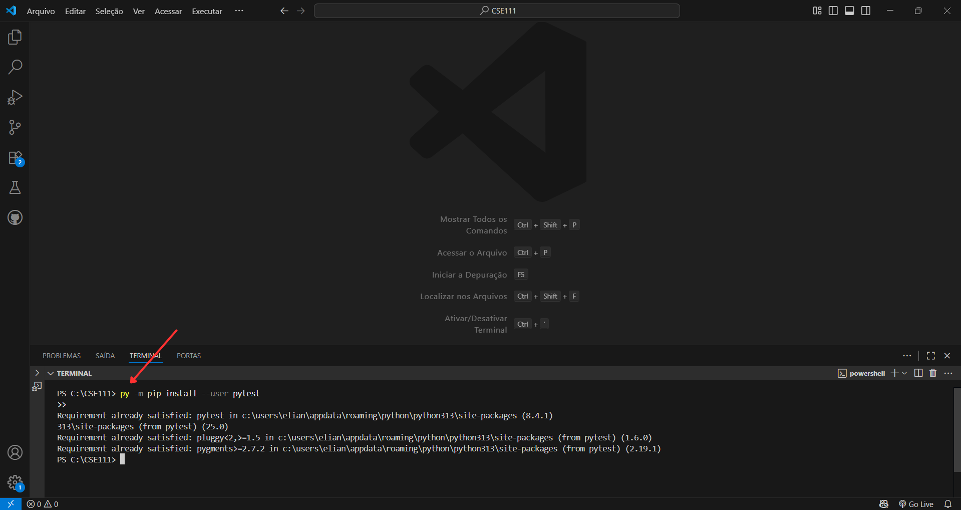 Uma captura de tela do VS Code mostrando o comando para atualizar o pip
