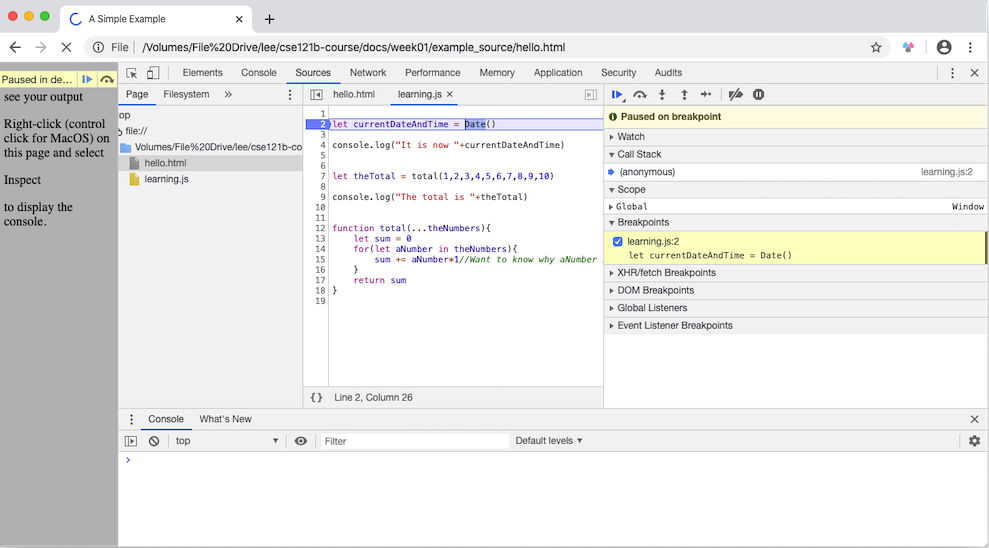 The developer tools running, the JavaScript source file selected, and a break point set on line two.