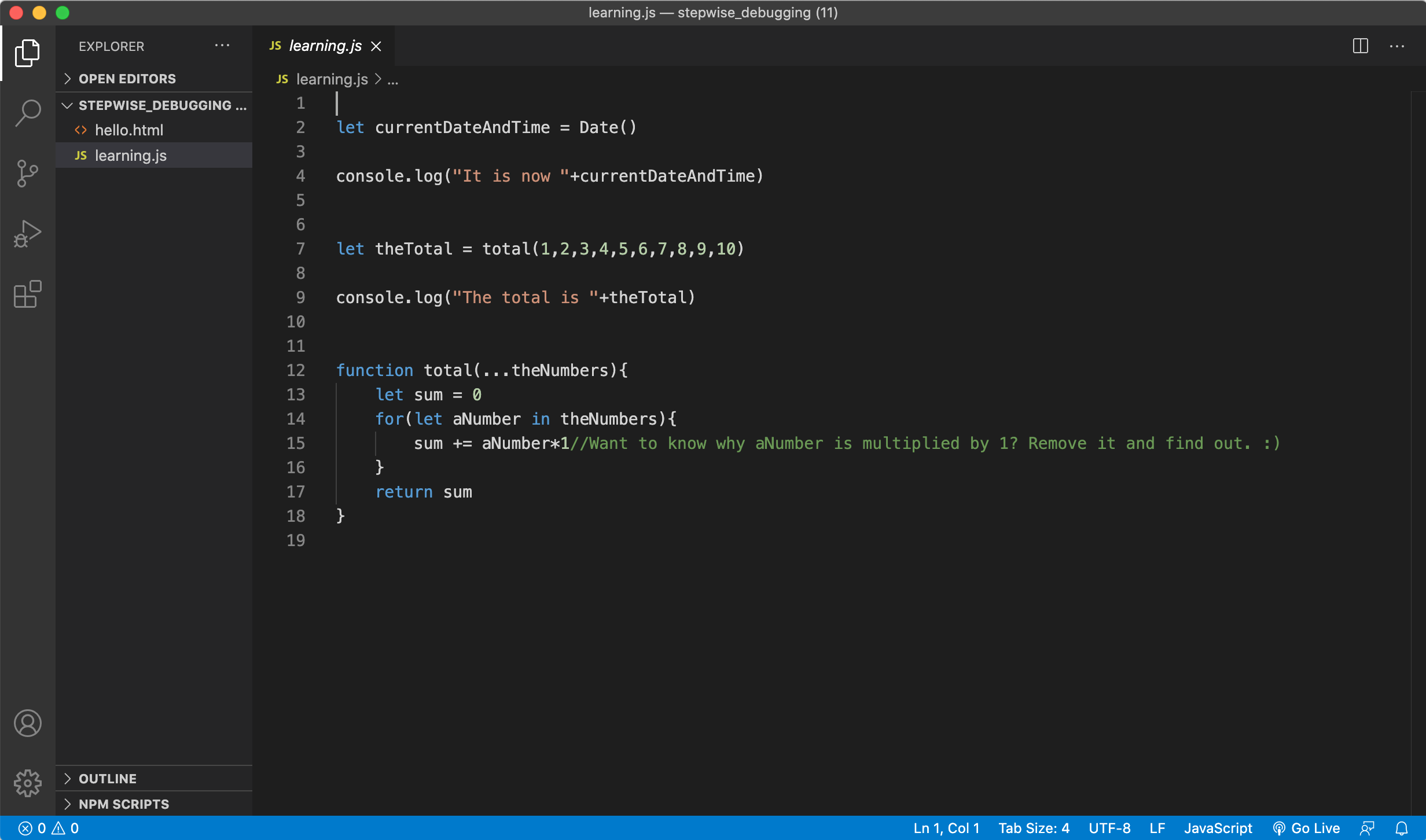 showing JavaScript in VS Code