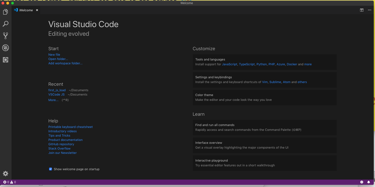 initial view of visual studio code