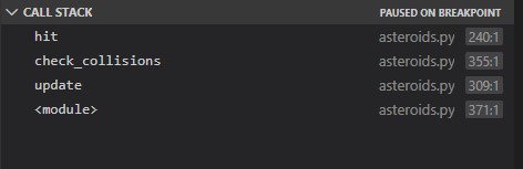 Shows the call stack from a Python program running in Visual Studio Code when a breakpoint was reached an paused the sofwtare.