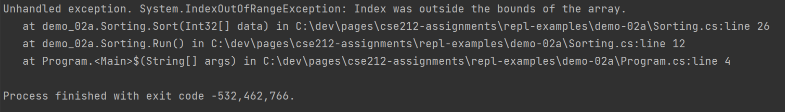 Shows the call stack from a C# program running in Rider when the program died because of an array error.