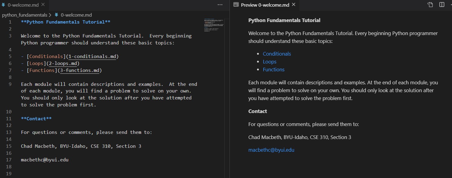 Shows the 0-welcome.md file from the example loaded into Visual Studio Code with the preview enabled.