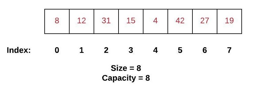 Shows the same array with 19 added into index 7.  The array is now full with capacity and size both equal to 8.