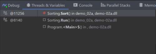 Shows the call stack from a C# program running in Rider when a breakpoint was reached and paused the software.