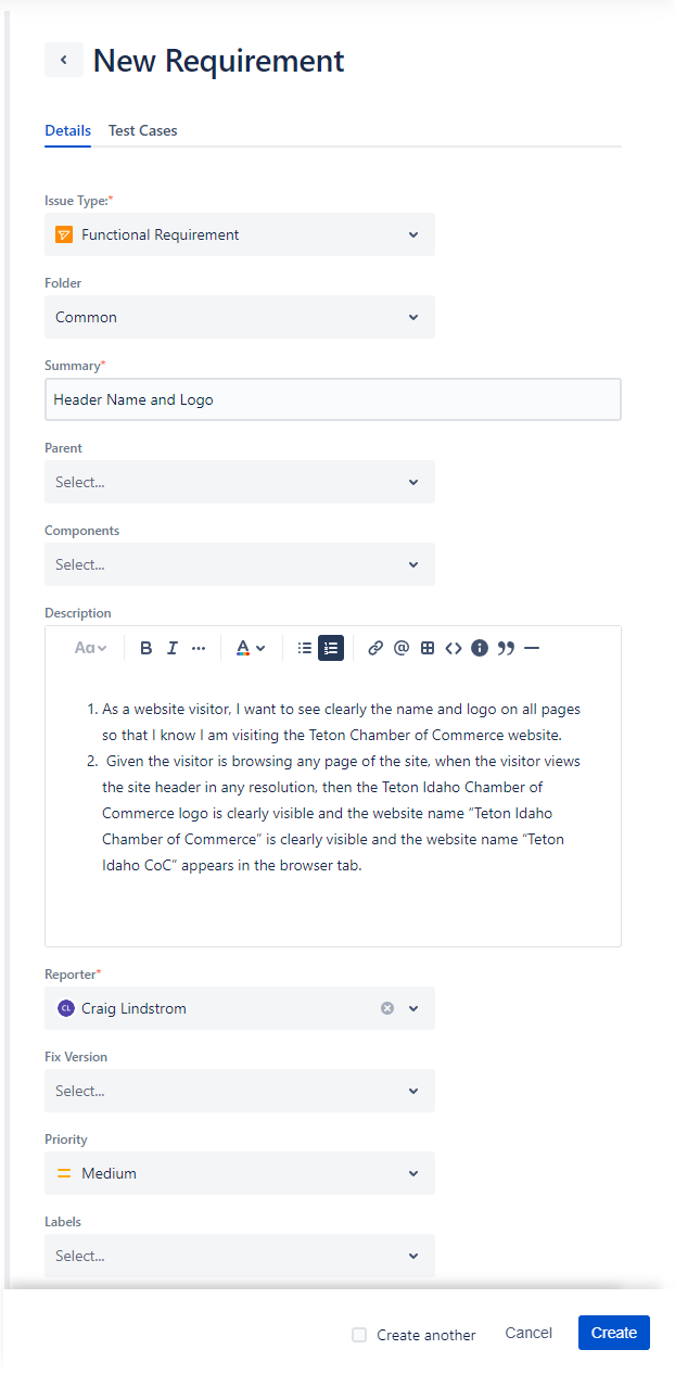 Jira new requirement screen