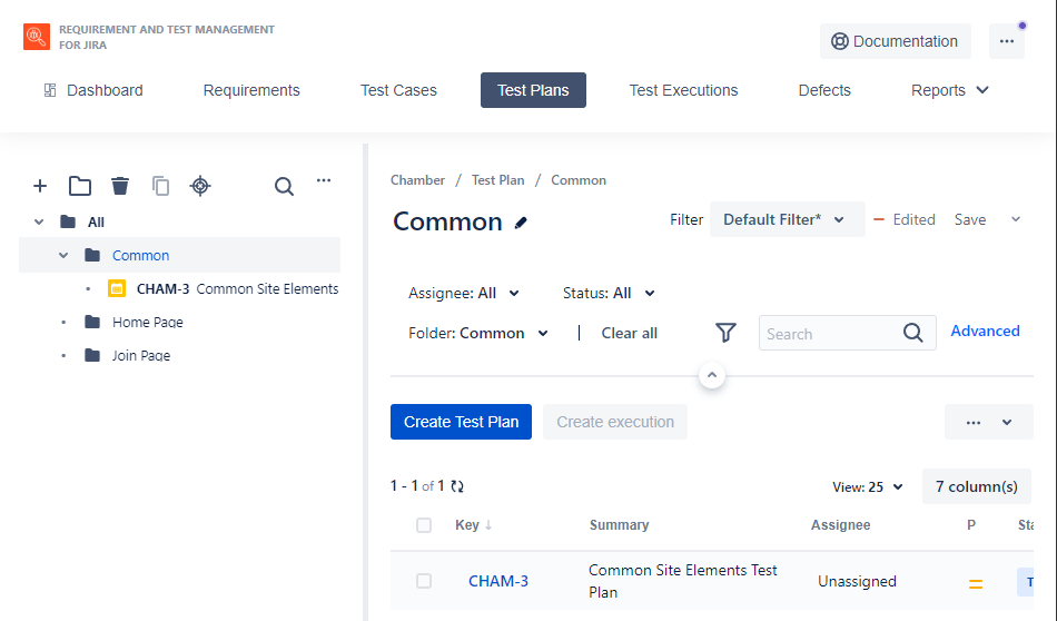 RTM test plan screen