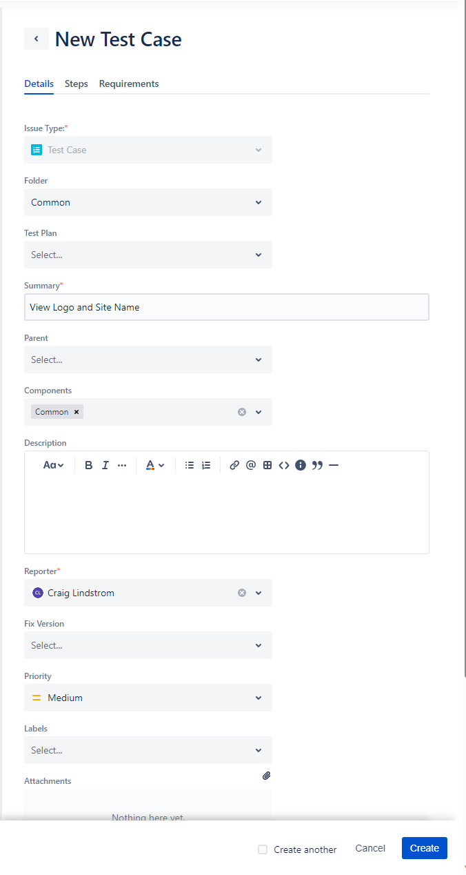 RTM new test case screen