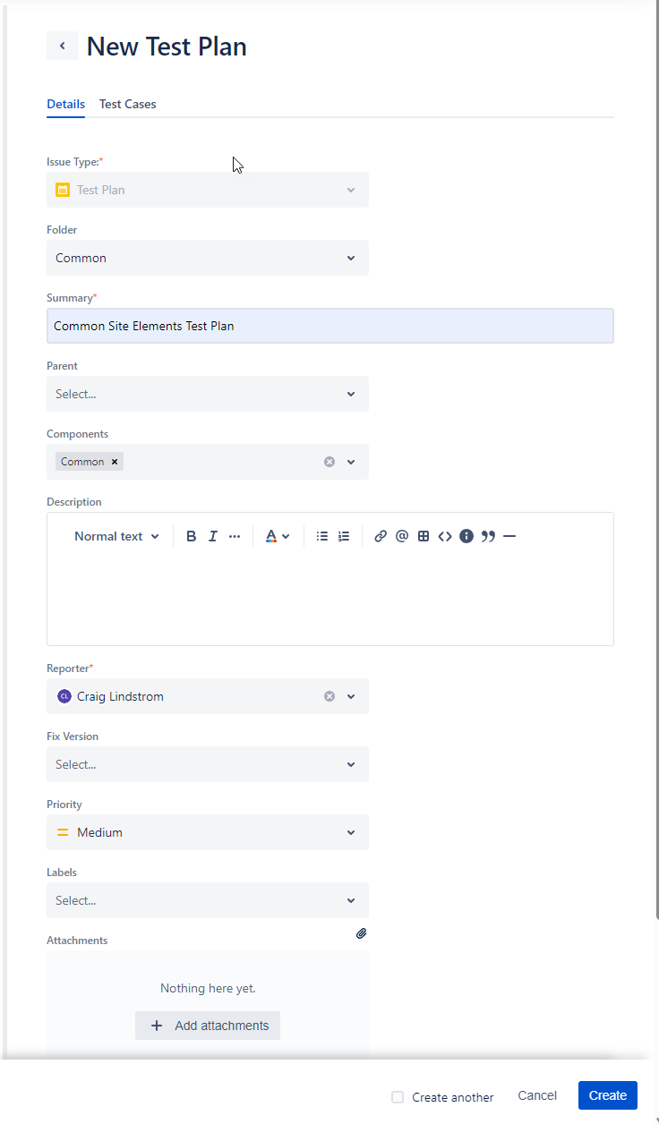 RTM new testplan details screen