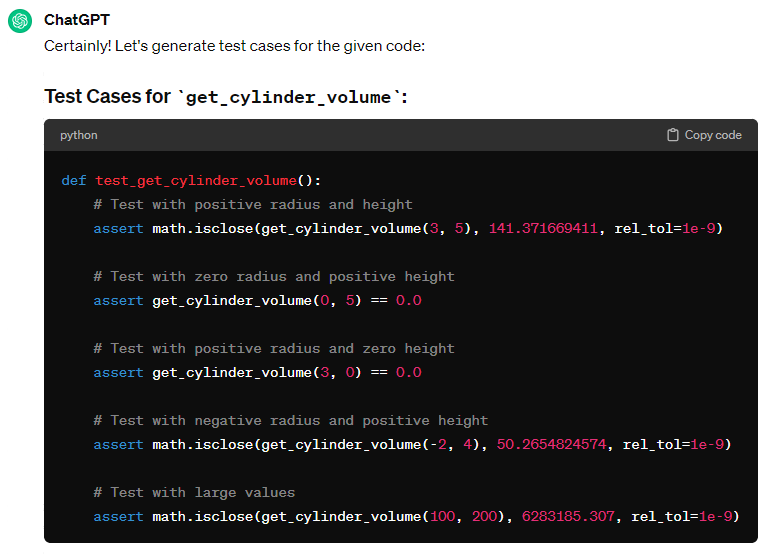 Screenshot of Chat GPT generated test using correct function name test_get_cylinder_volume() function, with 5 assert statements.