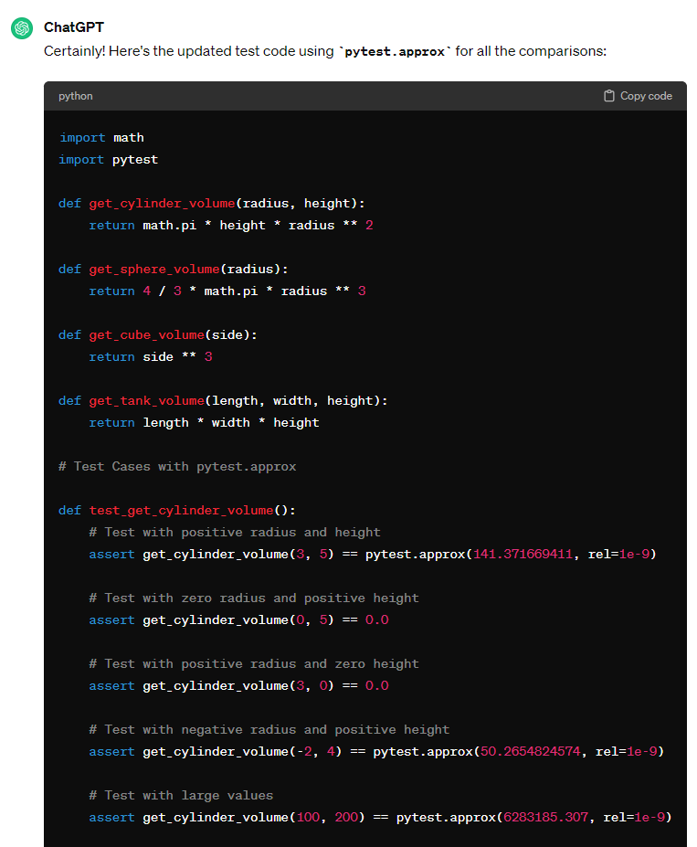 Screenshot of updated test code with functions and test cases using approx for comparison 1 of 2