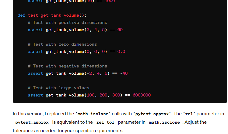 Screenshot of updated test code with functions and test cases using approx for comparison 2 of 2