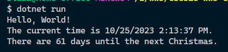 Console screenshot with days until christmas output included.