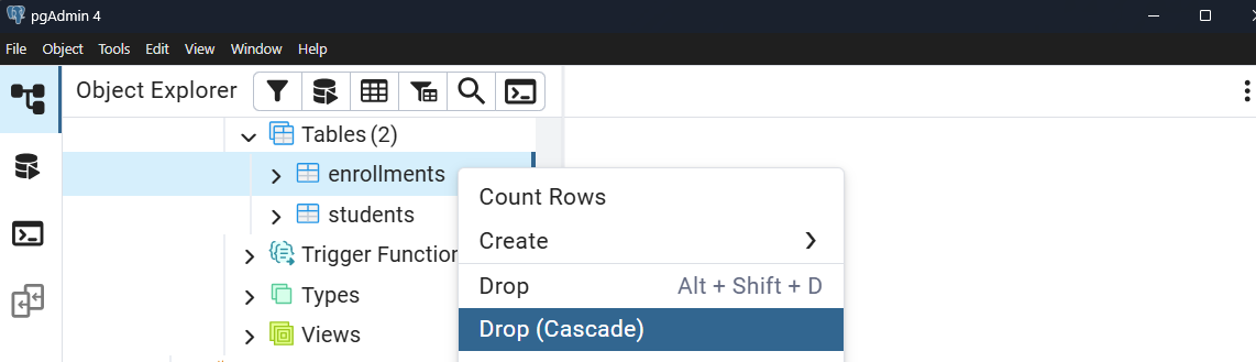 pgAdmin context menu showing delete options for a table