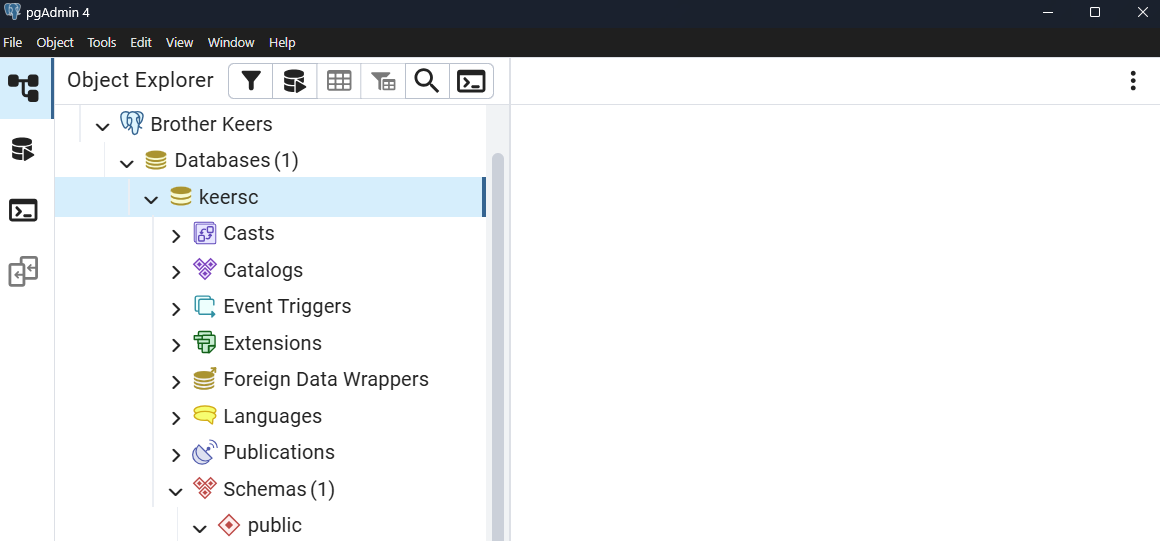 pgAdmin browser tree showing expanded database with public schema