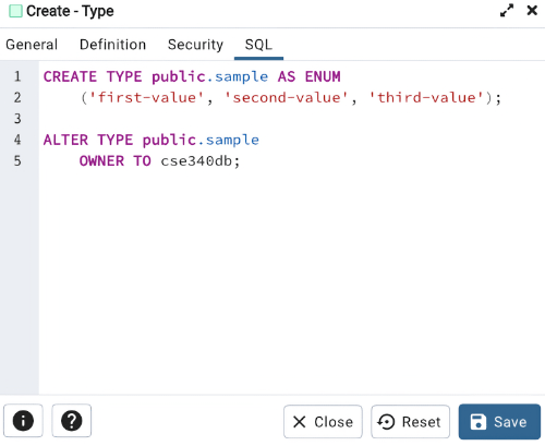 Screenshot of the pgAdmin Create Type SQL dialog box