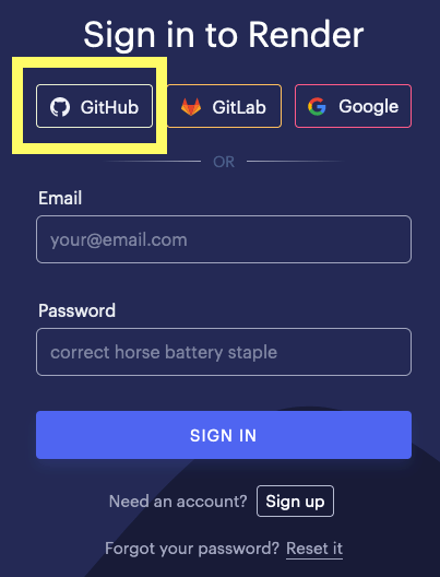 Github option on the render.com signup screen