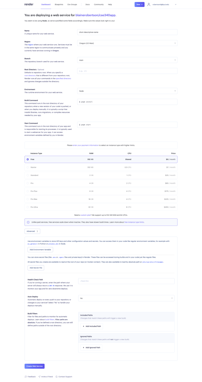 Screenshot of the render.com creating a new app server settings