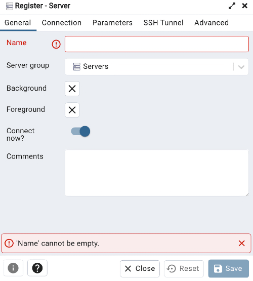 Screenshot of the pgAdmin Register-Server dialog box