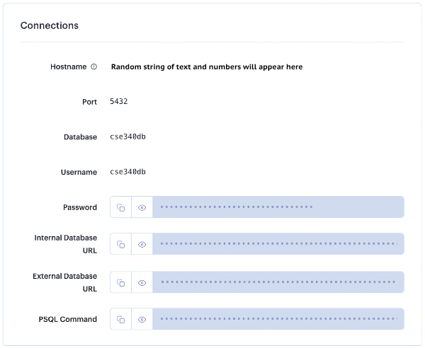 Screenshot of the database Connection information on Render.com