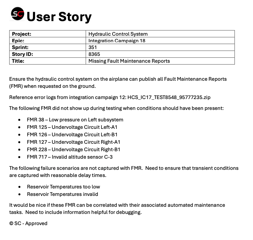 A detailed user story containing the description for Missing Fault Maintenance Reports. It highlights FMR codes that did not show up during testing that should have.