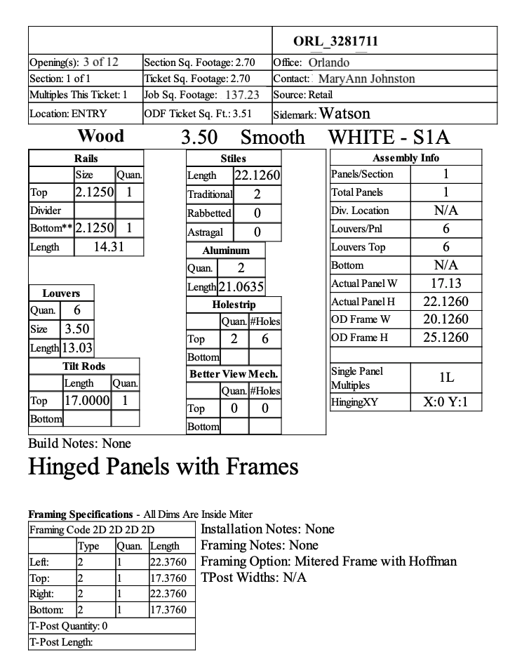 An example of a cut list for a shutter showing measurements for each component.