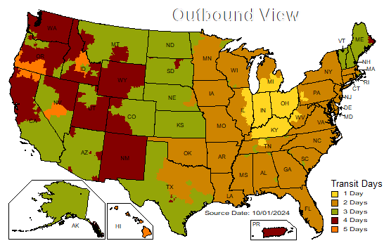 Shipping map showing the number of days it will take for a package to ship from Hebron, KY to various places around the U.S.