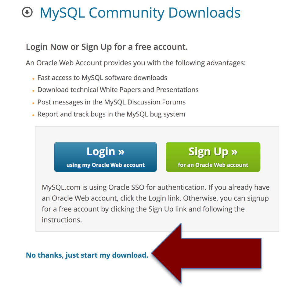 Screen capture of MySQL download page