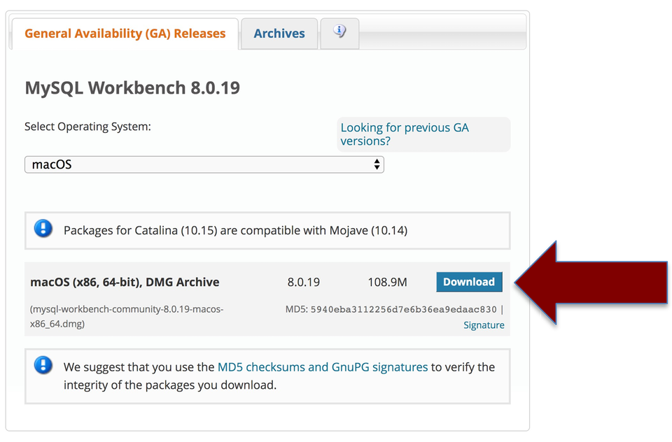 Screen capture MySQL Workbench download version selection.