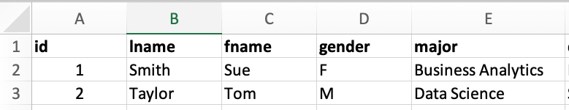 Student sample data with data name table