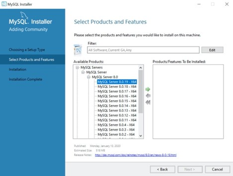 MySQL Workbench Custom install, select product