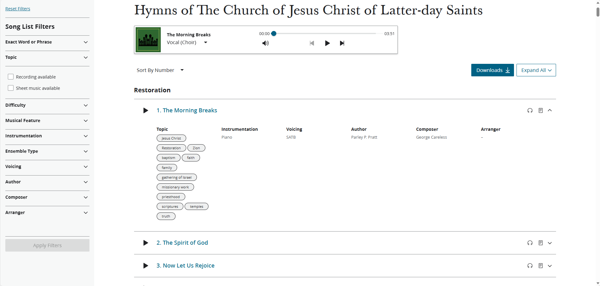 Hymns web page