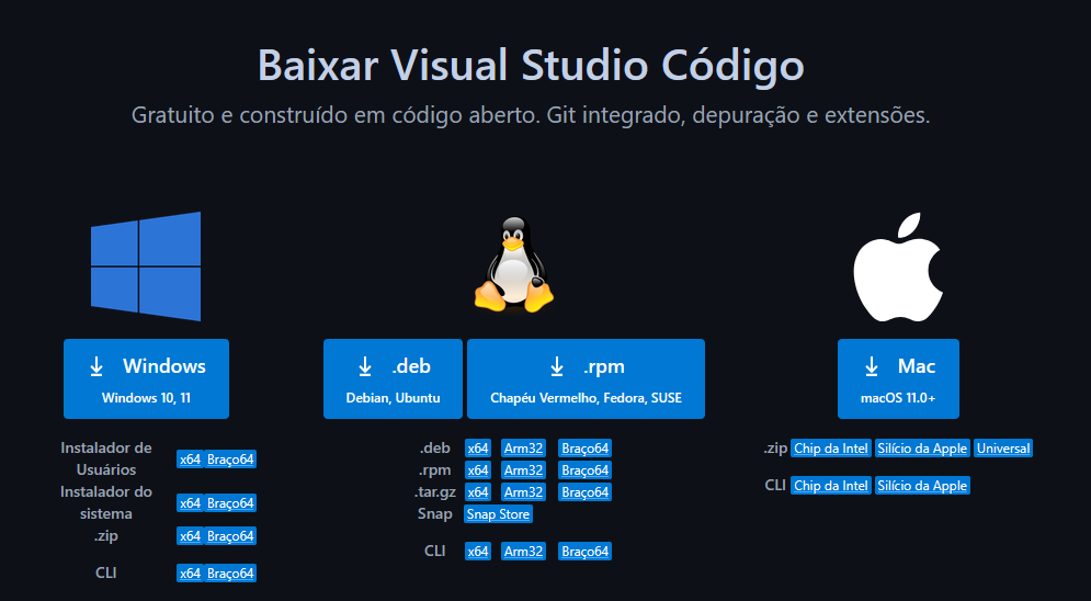 Tela de downloads no Code.Visualstudio.com