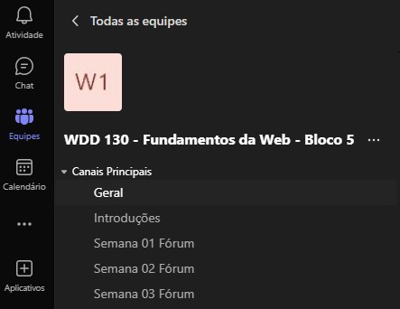 Captura de Tela dos canais no Microsoft Teams para WDD 130