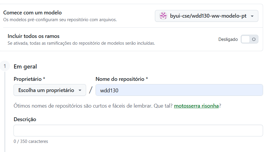 Imagem mostrando o modelo de criação de repositório