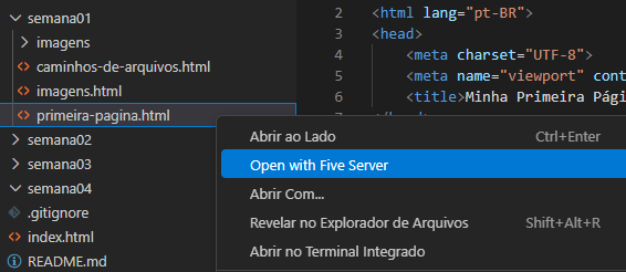 Captura de tela do VS Code mostrando a opção Live/Five Server