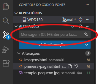Exibição da mensagem de commit e botão commit.