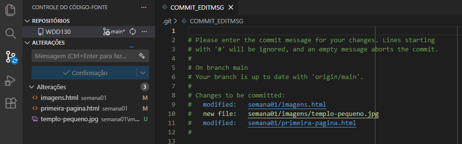 Exibição de um arquivo aberto para mensagem de commit faltando.