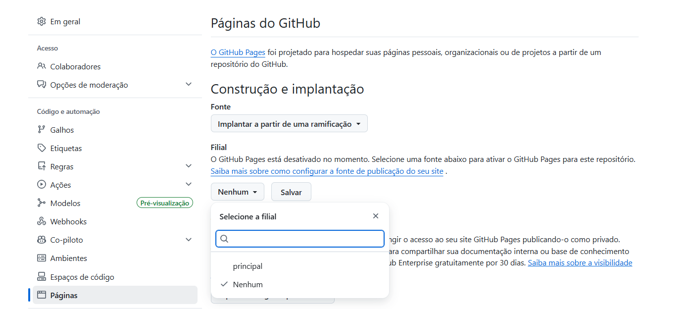 Opções de publicação de ramificação no GitHub